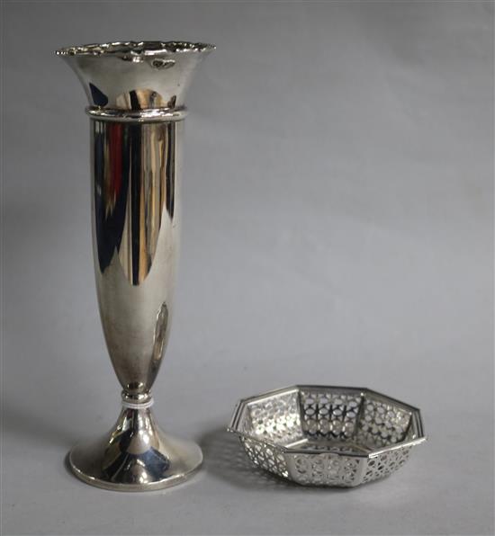 A George V silver specimen vase and a pierced silver bon bon dish.